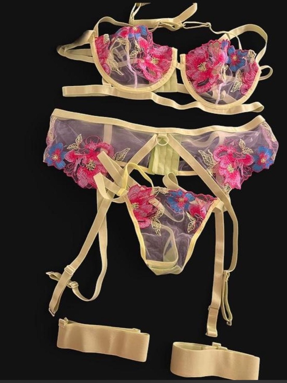 Floral Embroidered Sheer Bra & Garter Set in Neon Green/Yellow with Pink Accents